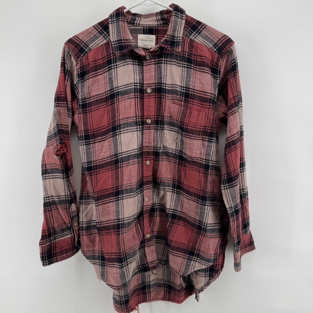 American Eagle Womens Grunge Flannel Shirt Pink Plaid Oversized Distressed S